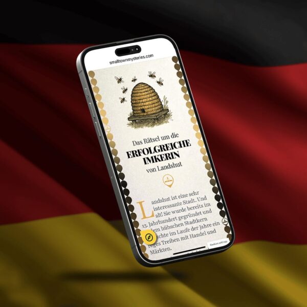 a cell phone with a picture of a beehive and text with a german flag behind
